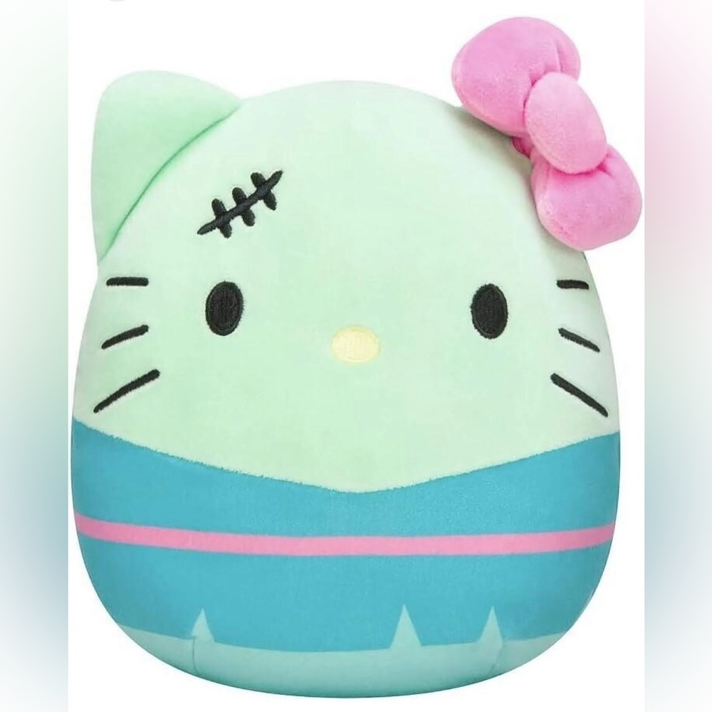 Squishmallow Hello Kitty Plush Frankenstein Toy with Pink Bow. NEW 8”